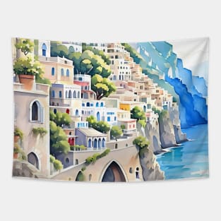 Italy Amalfi Coast Watercolor Painting Tapestry