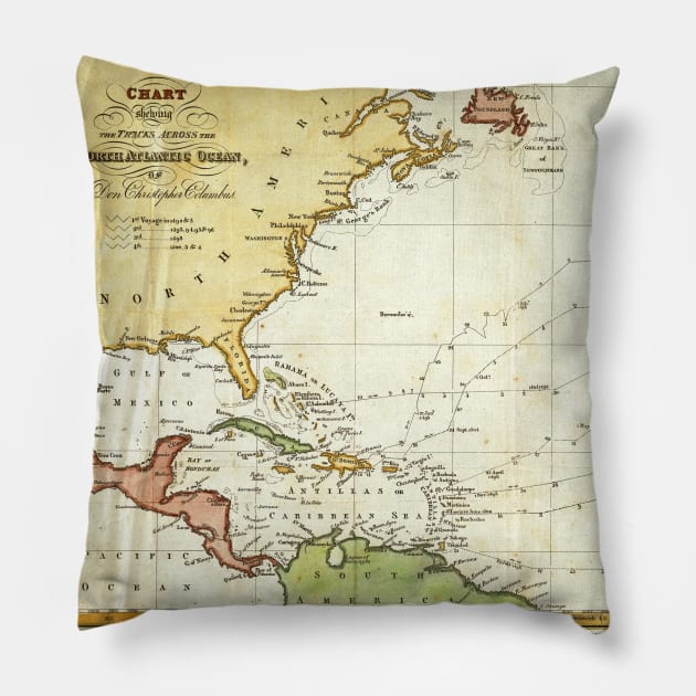 Vintage Christopher Columbus Voyage Map (1828) Pillow by Bravuramedia