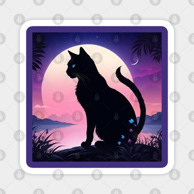 Black cat silhouette with moon Magnet by Spaceboyishere
