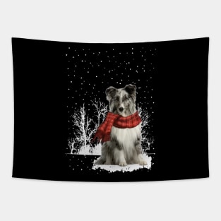 Christmas Shetland Sheepdog With Scarf In Winter Forest Tapestry