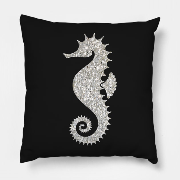 Silver Faux Glitter Seahorse Pillow by Felicity-K