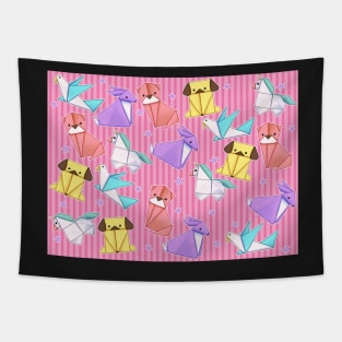 Origami Animals on Pink Stripes Tapestry