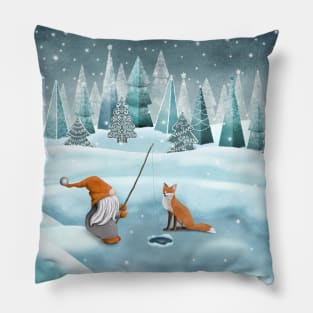 Nordic gnome and red fox fishing winter watercolor illustration. Scandinavian gnome on snowy landscape. Fantasy winter forest. Pillow