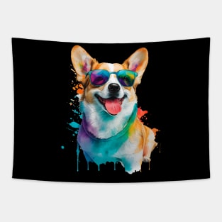 Rainbow Corgi in Sunglasses Funny Corgi Dog Lovers Tapestry