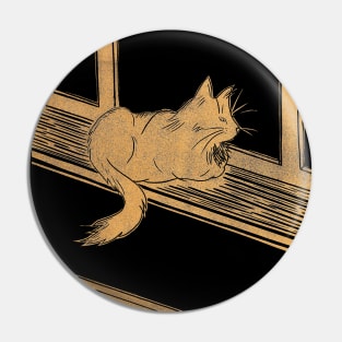 Maine Coon Cat on Windowsill Linocut in Gold and Black Pin