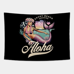 Vintage Mermaid Aloha - Classic Beach Greeting Tapestry