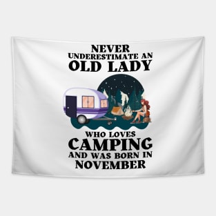 Never Underestimate An Old Lady Who Loves Camping and was born in November Tapestry