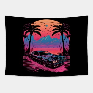 Retro Car in Synthwave Style Tapestry