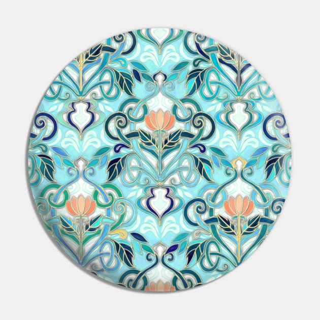 Ocean Aqua Art Nouveau Pattern with Peach Flowers Art Print by micklyn