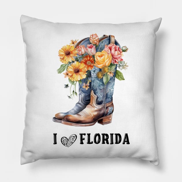 I Love Florida Boho Cowboy Boots with Flowers Watercolor Art Pillow by AdrianaHolmesArt