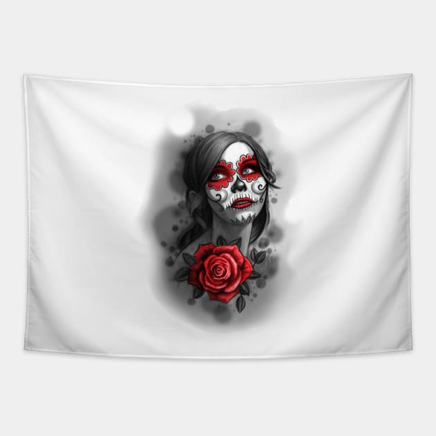 Day of the Dead Girl Red Makeup and Rose Pencil Sketch Tapestry by ckandrus