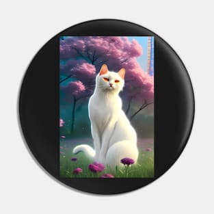 White Cat Surrounded by Flowers in Tokyo Pin