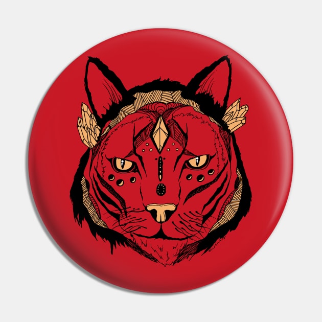 Red and Cream Mystical Tribal Cat Pin by kenallouis