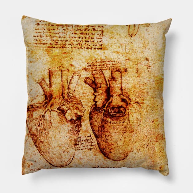 Heart And Its Blood Vessels, Leonardo Da Vinci Anatomy Drawings  Monochrome Brown Parchment Pillow by BulganLumini