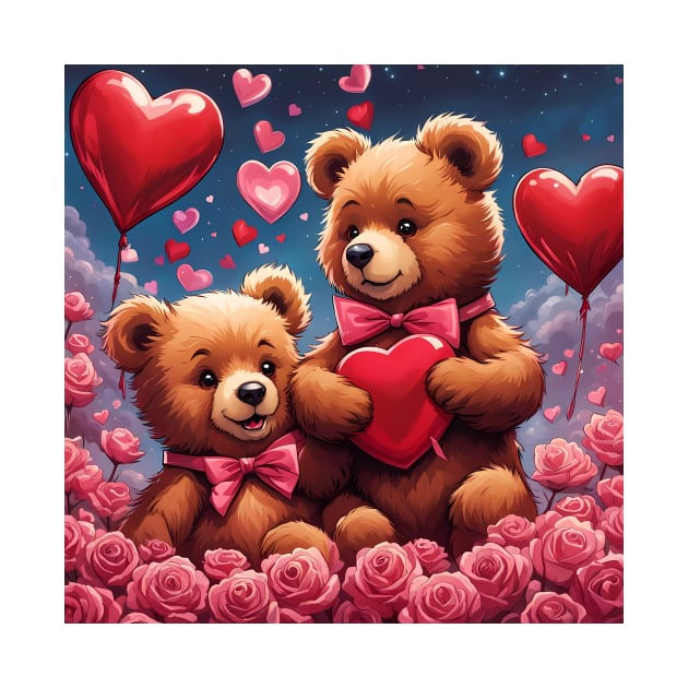 Teddy celebrating Valentines day, randome floating love hearts by Colin-Bentham