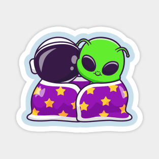 Cute Astronaut And Alien Wearing Blanket Together Cartoon Magnet