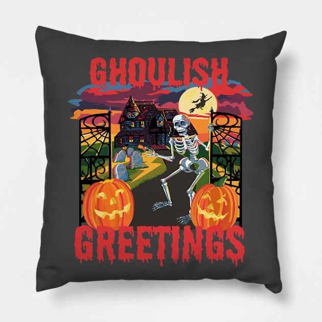 Halloween Spooky Greetings Pillow by Screen Fiend Merch