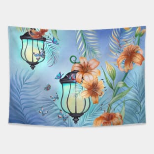 Vintage streetlights with Lily flowers and tropical leaves ornament. Magic floral scenery. Fairy spring garden watercolor illustration Tapestry