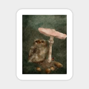 Mushroom forest floor watercolor Baby Pygmy Owl Magnet