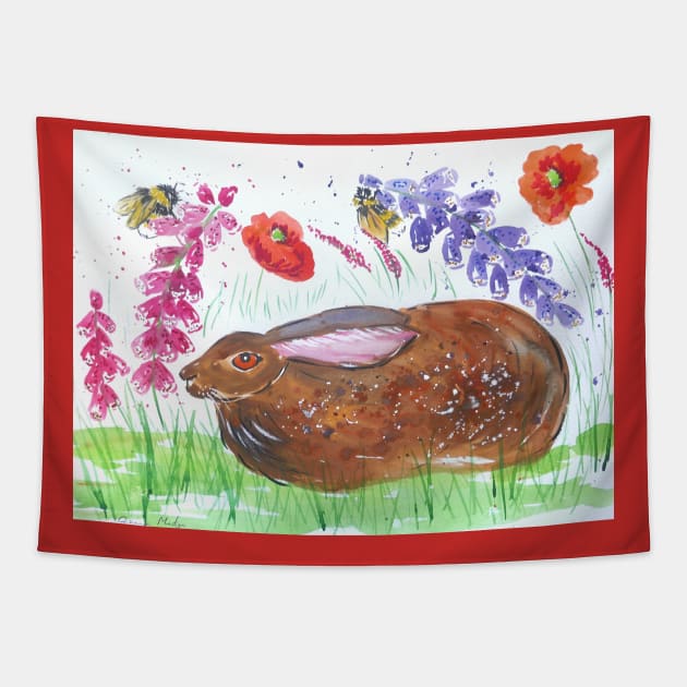 Hare reposing among Flowers and Bumble bees Tapestry by Casimirasquirkyart