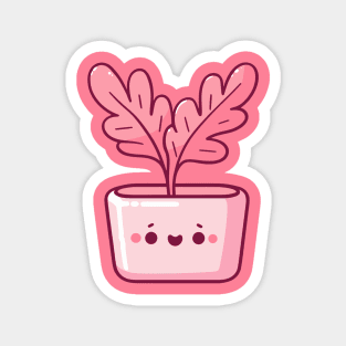 Cute Pink Leaf Plant in a Pot | Kawaii Plant illustration | Cute Kawaii Potted Plant Magnet