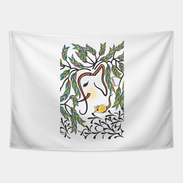 Vibrant Jungle Elephant and Mouse Tapestry by famenxt