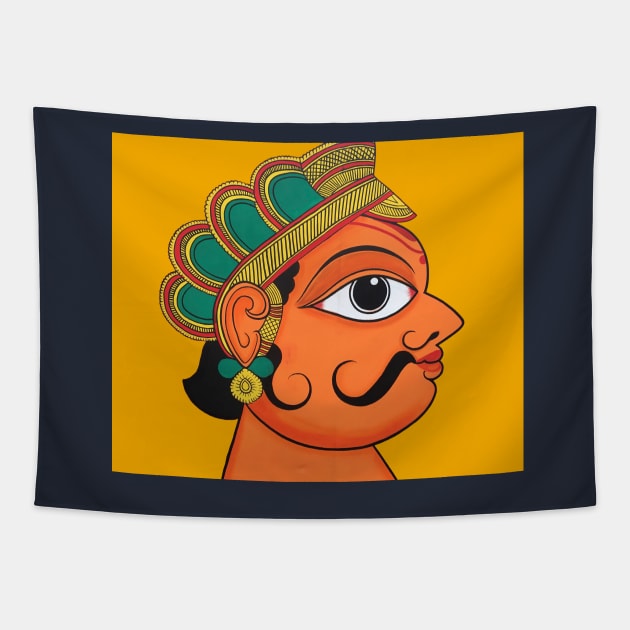 Indian folk art face of man, male face, mustache face, king face, indian art Tapestry by gopalpjoshi