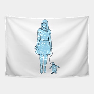 silhouette of woman with penguin Tapestry