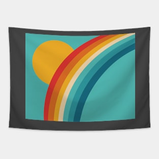 Retro Rainbow with Sun on Pale Blue Background Tapestry