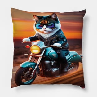 Cat with glasses riding a motorbike sunset Pillow