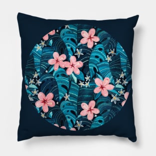 Midnight Tropical Garden - deep cyan blue Pillow