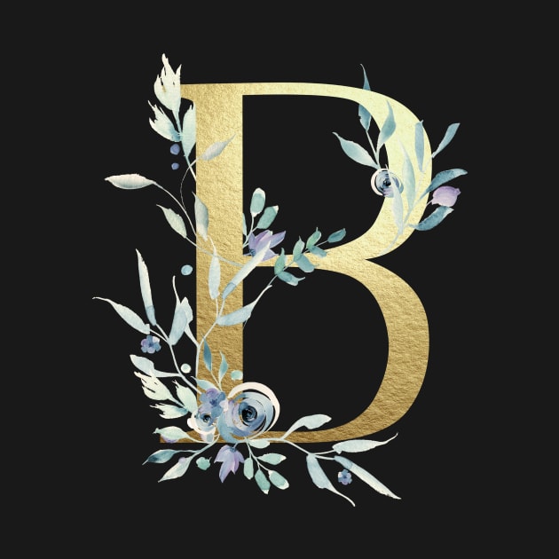 B - Gold Monogram Letter with Watercolor Flowers by GDCdesigns