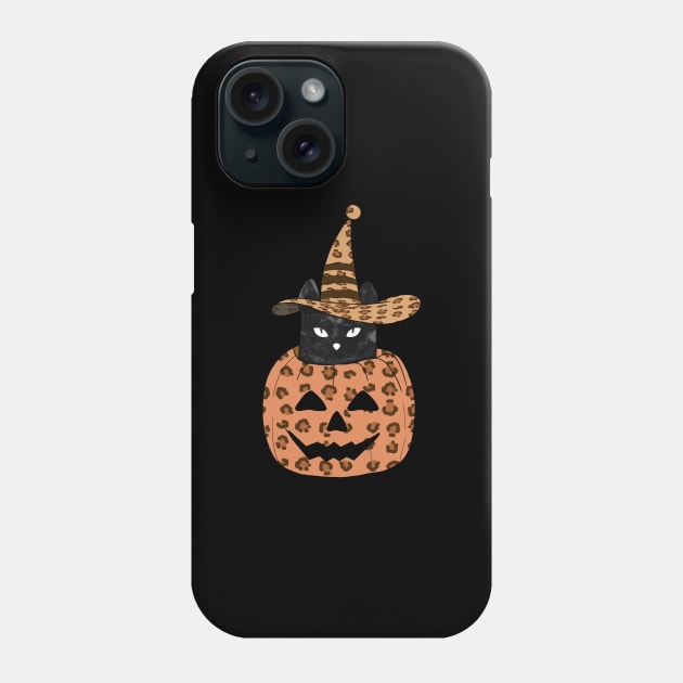 Leopard Pumpkin Black Cat Phone Case by Rishirt