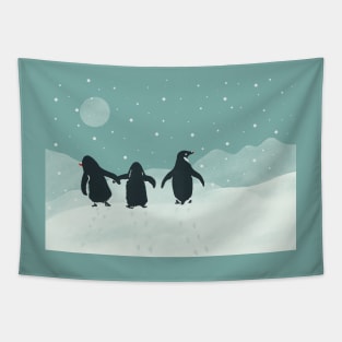 Penguin family walking in the moonlit snow Tapestry