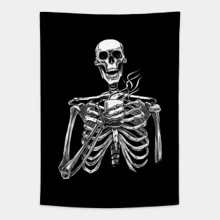 Halloween skeleton drinking coffee black Tapestry