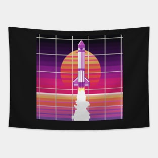 Synthwave grid rocket launch Tapestry