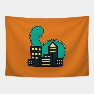 cute giant green monster brachiosaurus in the city Tapestry