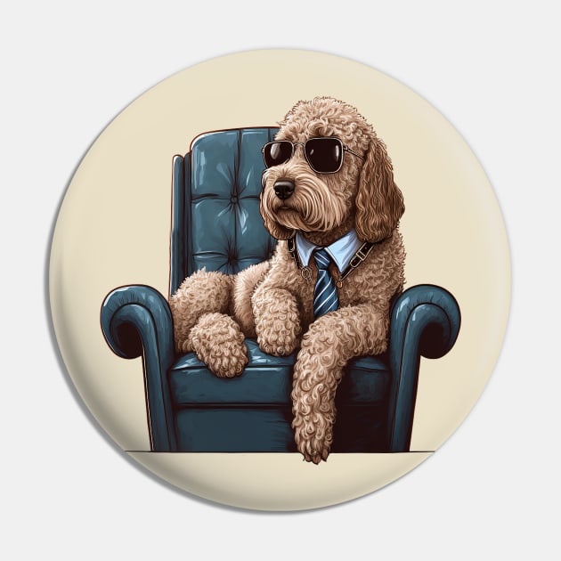 Cool Golden Doodle Stock Trader Sitting on a Lounge Chair Pin by Bee's Pickled Art