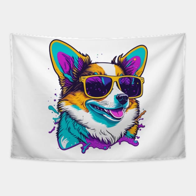 Corgi with Sunglasses Splashes Colorful Tapestry by Ratherkool