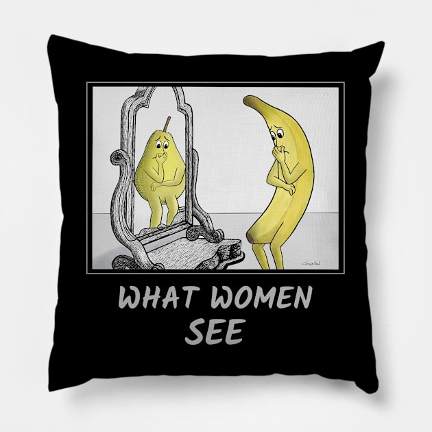 What Women See – Body image illustrated with banana and pear cartoons Pillow by Crystal Raymond