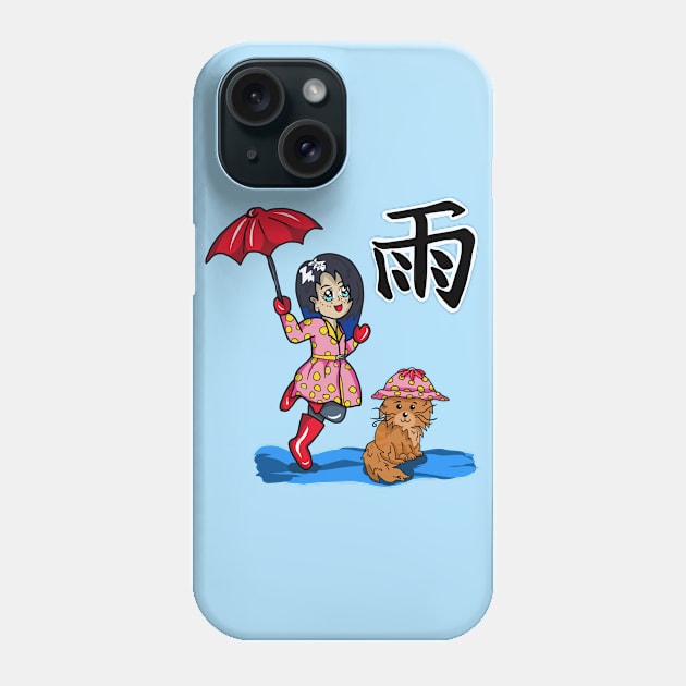 Cat in a Rain Hat with a Kanji saying Rain Phone Case by cuisinecat