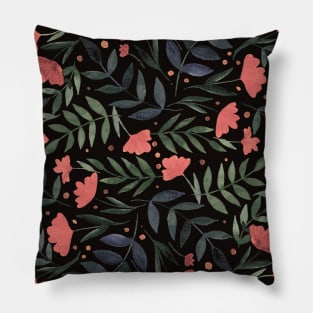 Magical garden - black, olive green, coral Pillow