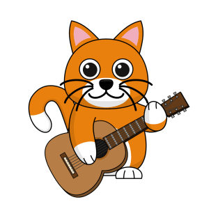 Cute Orange White Cat Playing Guitar Cartoon T-Shirt