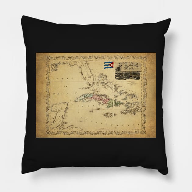 Old Map - Vintage - Cuba Pillow by Labonneepoque