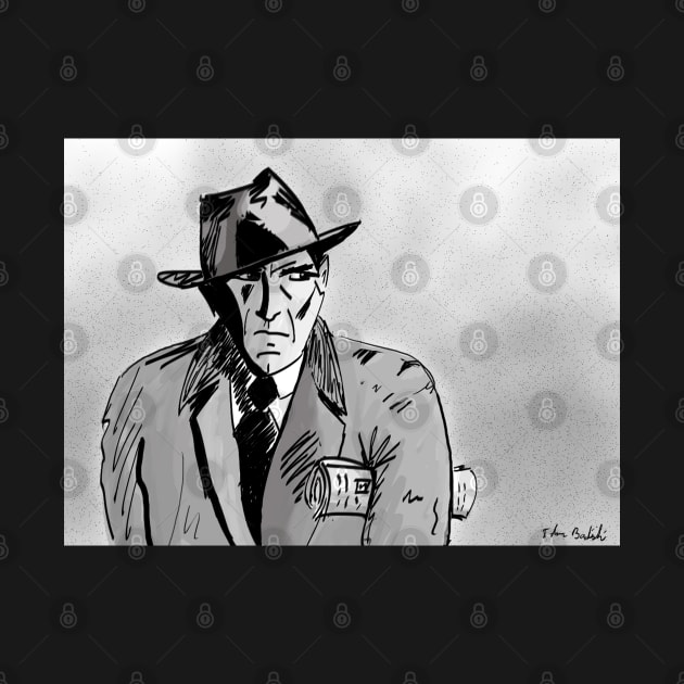 Film Noir Character with Hat, Coat and Paper on a Grey Day by ibadishi