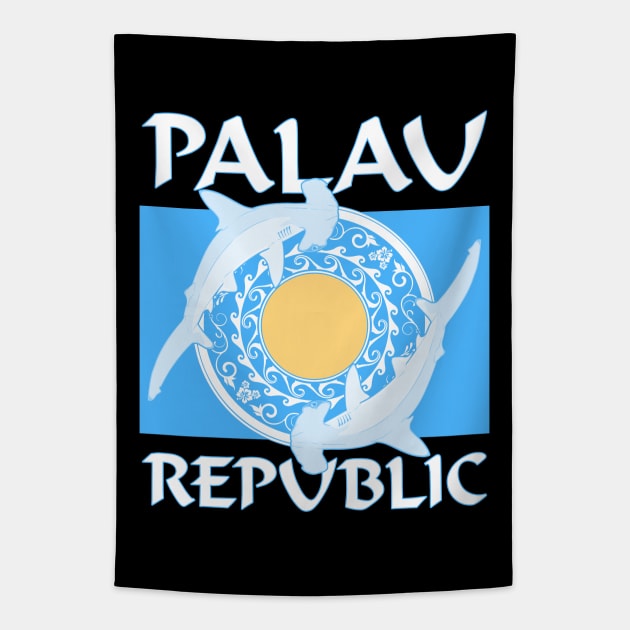 Palau Republic Flag with Hammerhead sharks Tapestry by NicGrayTees