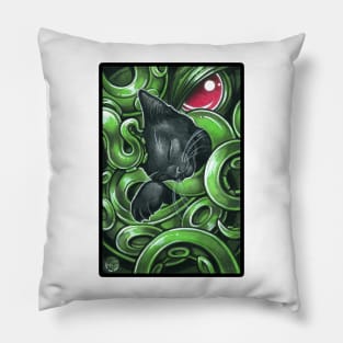 Cthulhu And Black Cat Friend - Black Outlined Version Pillow