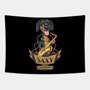 Cute Musical Doxie Dog with saxophone on Saxy Dachshund Dog Tapestry
