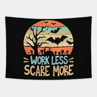 Work Less, Scare More! Halloween Vintage Sunset Bats Grave Tapestry