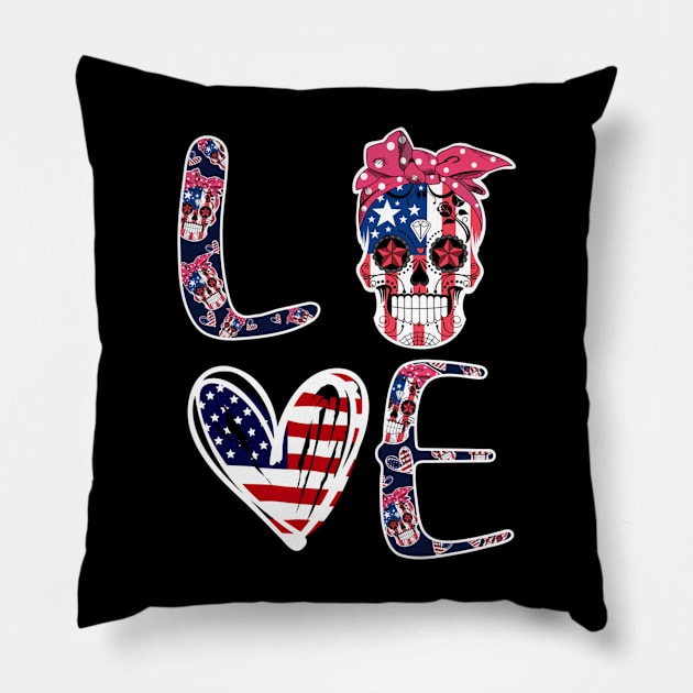 Sugar Skull Heart American Flag 4th of July Patriotic Pillow by luxembourgertreatable